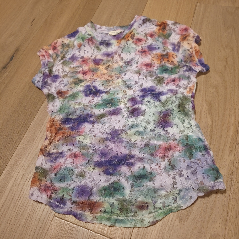 Anthropologie Multicolor Floral Lace Short Sleeve Top